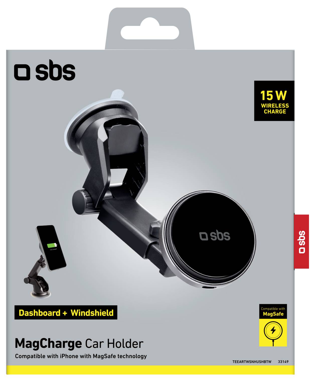 "SBS MagCharge Car Holder"-förpackningen visar en enhet för instrumentbräda och vindruta med MagSafe, erbjuder 15W trådlös laddning.