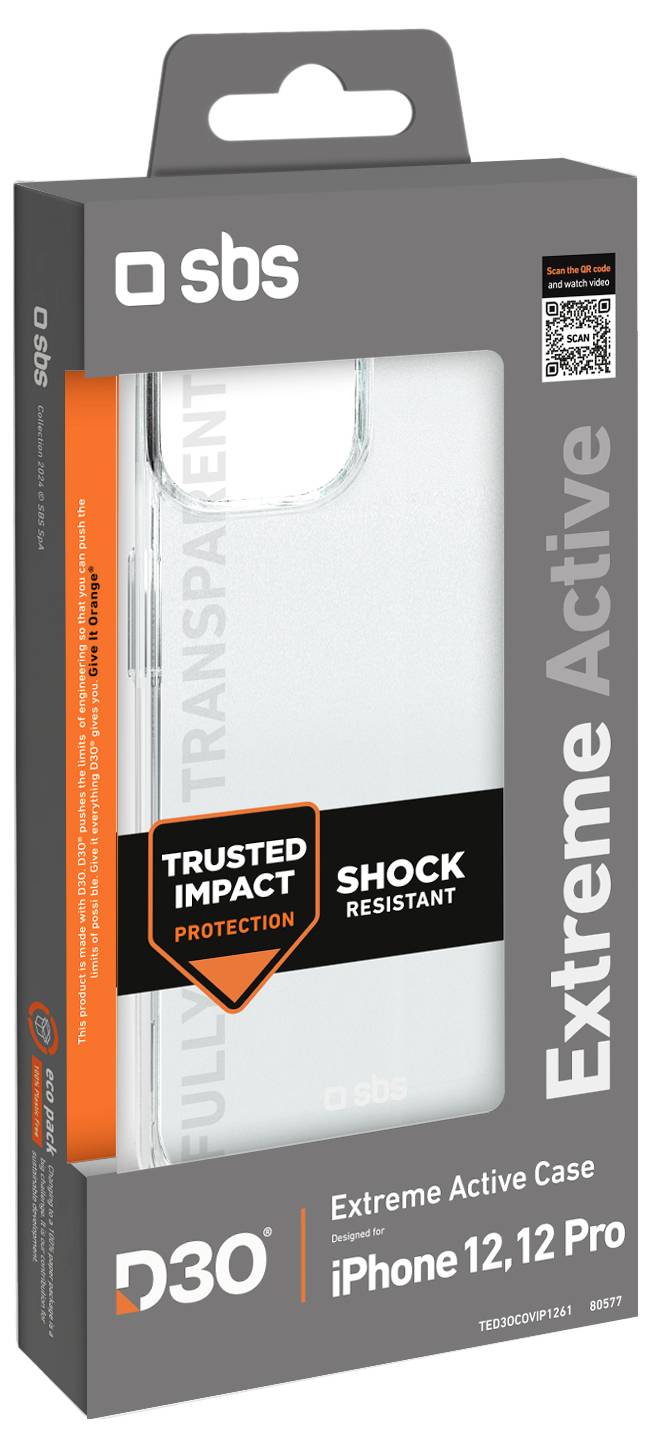 'iPhone 12, 12 Pro Extreme Active Case'-förpackning med etiketterna 'Trusted Impact Protection' och 'Shock Resistant', synligt fodral genom transparent låda.