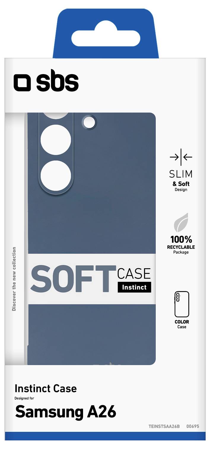 Blå SBS Instinct-fodral för Samsung A26. Smal, mjuk och 100% återvinningsbar förpackning. Kompatibel med dubbel kameradesign.