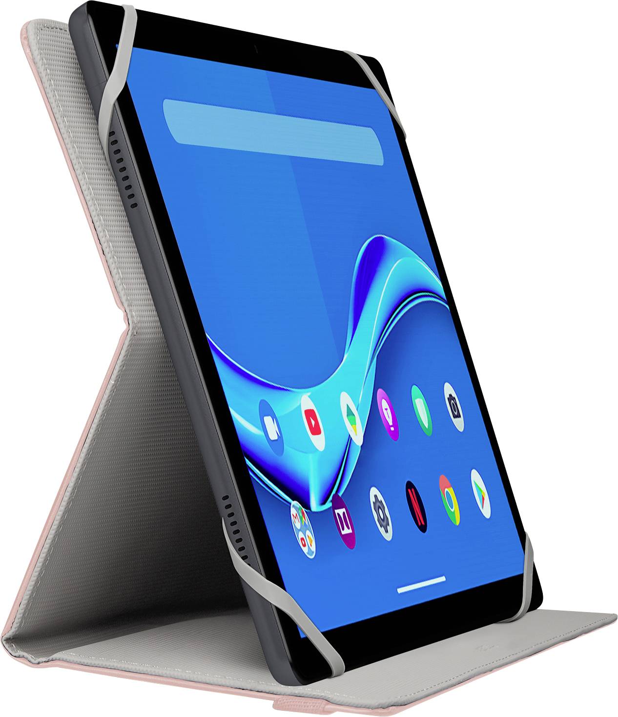 En surfplatta i ett ställ som visar ett rutnät med färgglada appikoner på en blå bakgrund.