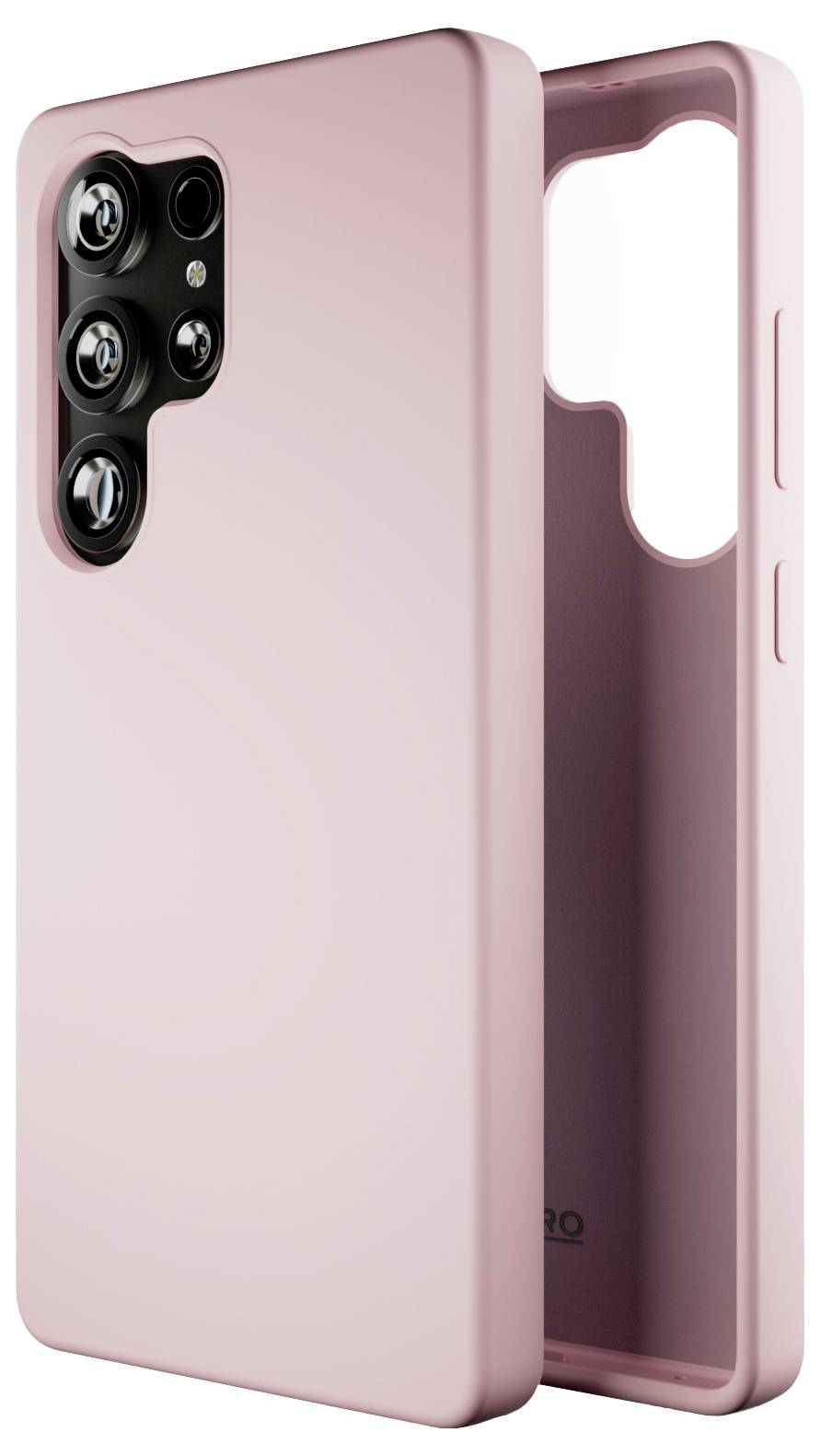 Ett rosa mobiltelefonskydd med precisa kameraöppningar, utformat för att skydda och passa en smarttelefon säkert.