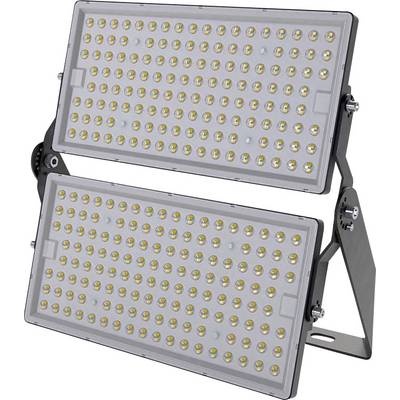 Två rektangulära LED-strålkastare monterade på ett justerbart fäste, var och en med en rad små gula LED-lampor avsedda för utomhusbruk.