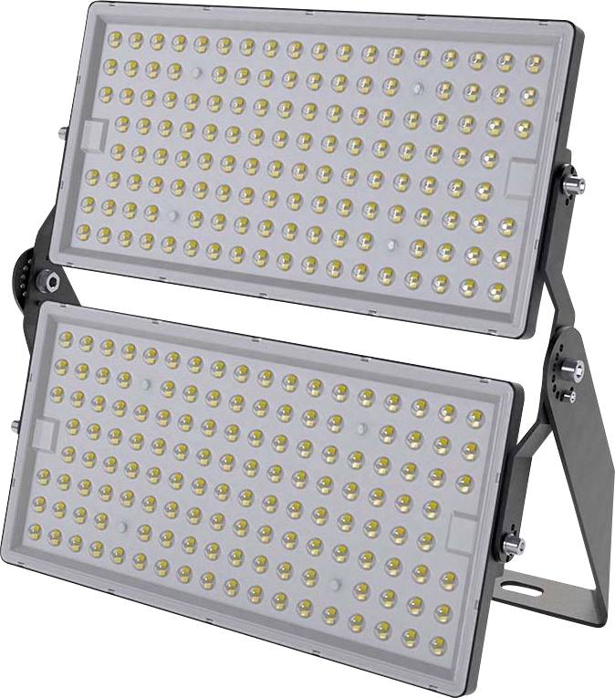 Dubbelpanel LED-strålkastare med flera cirkulära lampor på varje panel, monterad på ett justerbart fäste för belysning av stora ytor.