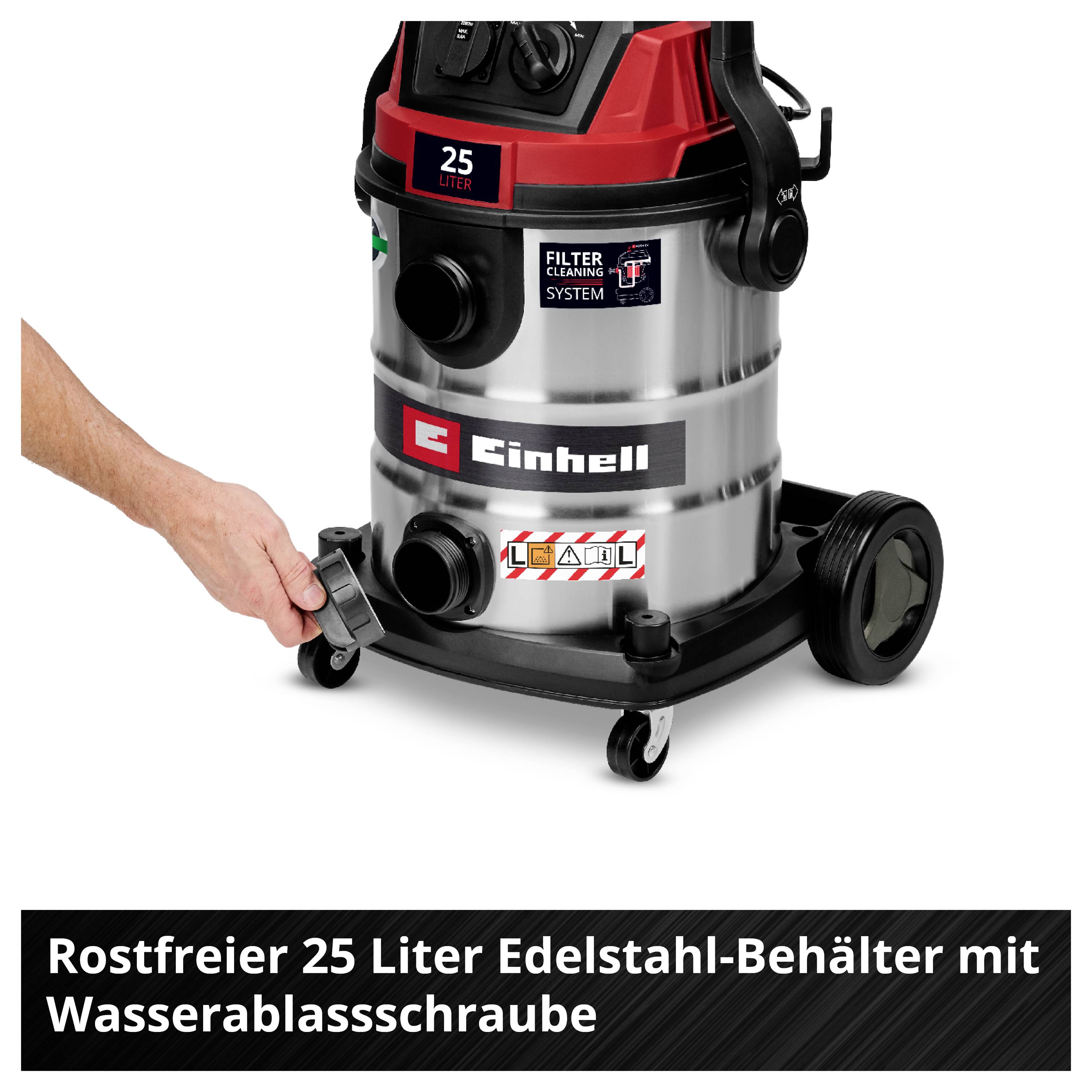 En dammsugare från märket Einhell med en 25-liters behållare i rostfritt stål. En hand vrider på vattenavtappningsskruven.