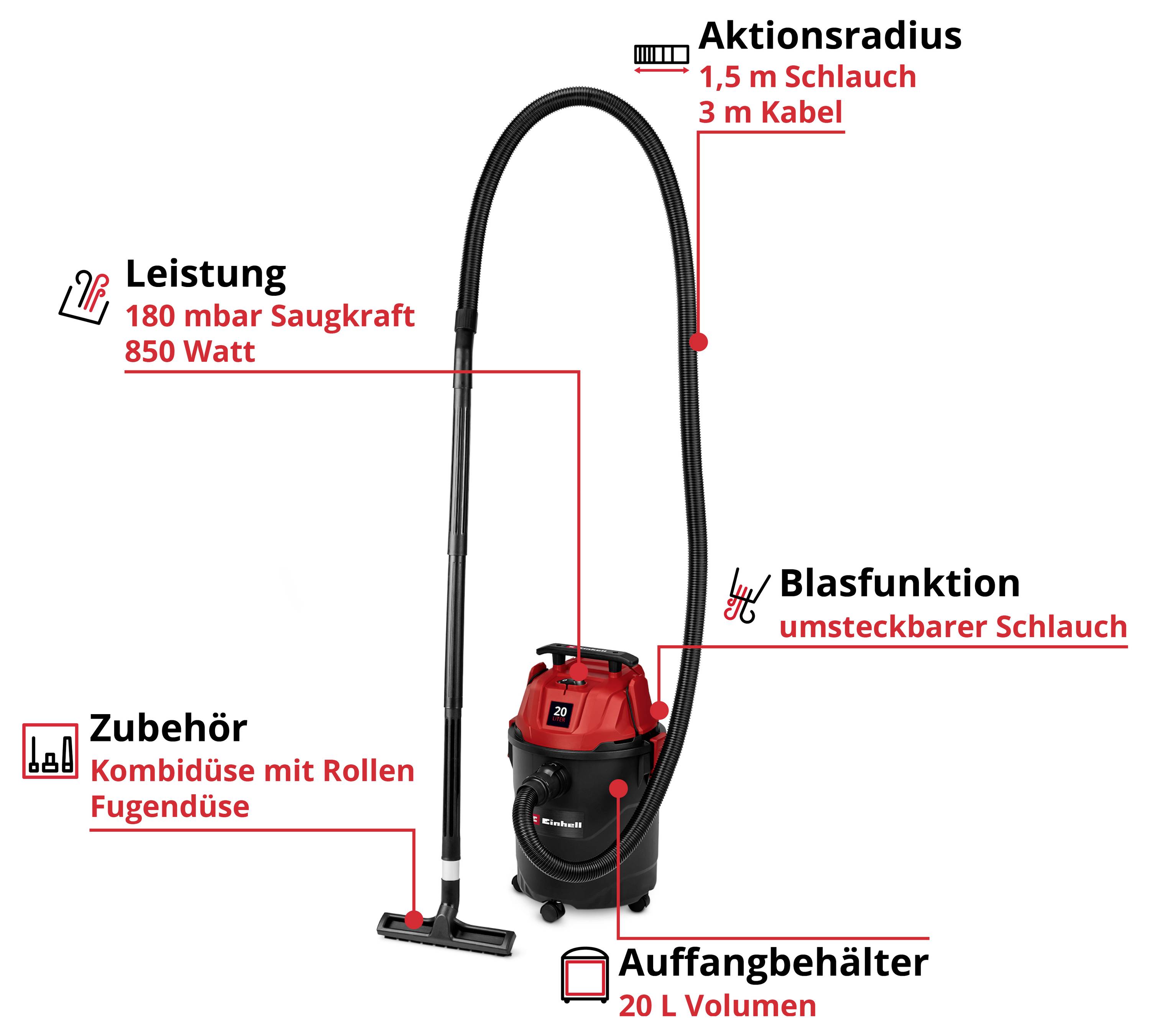 Dammsugare med 850 watts effekt, 180 mbar sugkraft, 20 L uppsamlingsbehållare. Utrustning: 1,5 m slang, 3 m sladd, kombinerat munstycke.