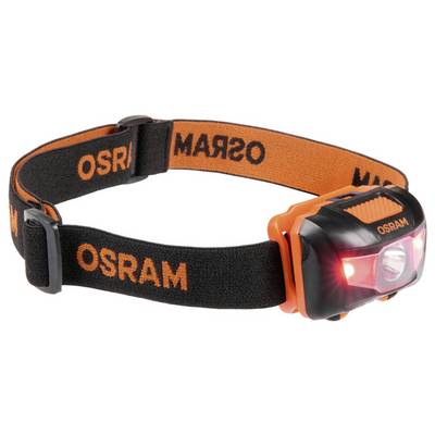En svart och orange pannlampa med ett justerbart band har två starka LED-lampor. 'OSRAM' logotypen är tryckt på bandet och lampan.