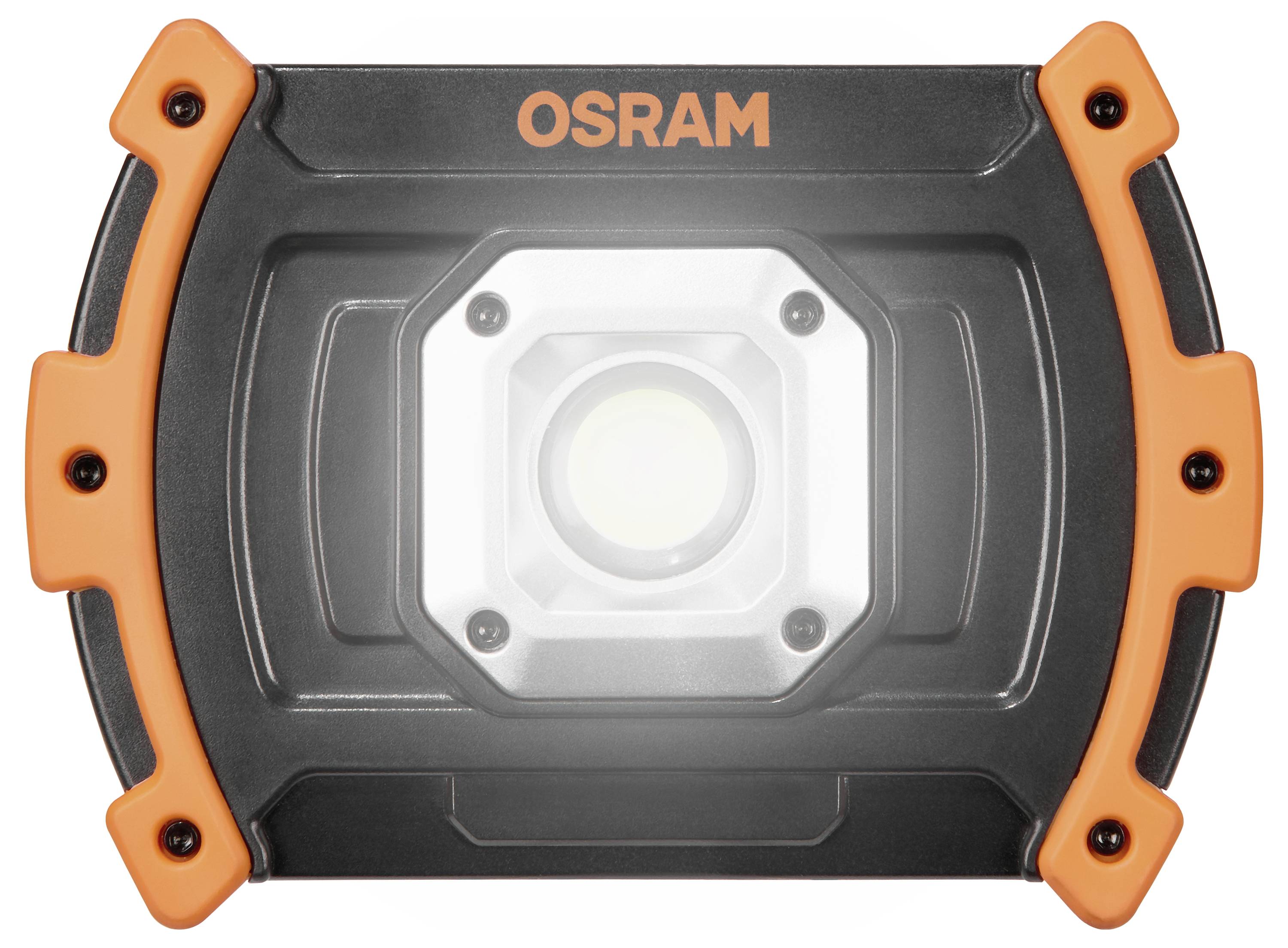 En bärbar LED-arbetslampa med svart och orange hölje märkt "OSRAM" på toppen.