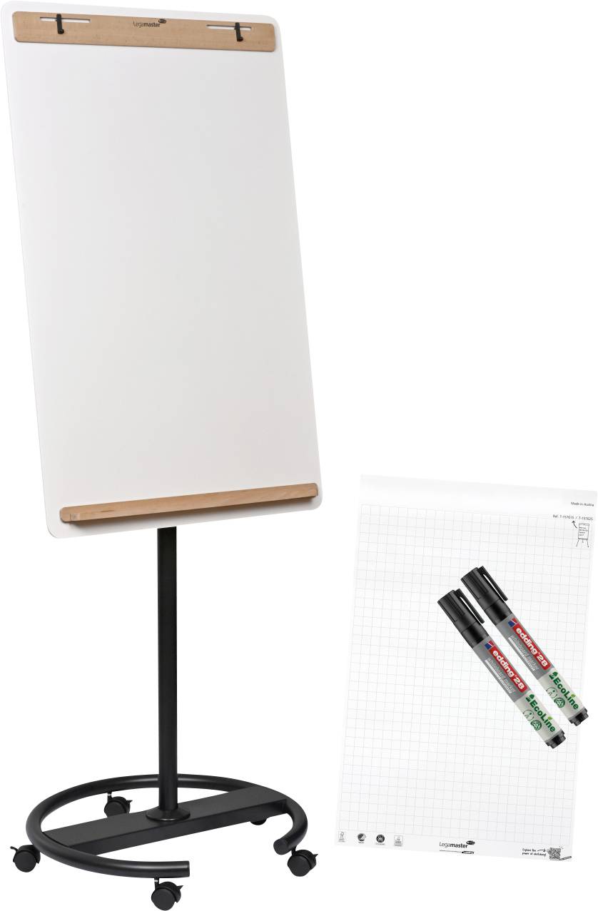 Ett blädderblock med en tom whiteboard är monterat på ett hjulförsett stativ. Bredvid den finns ett öppet rutat papper och två pennor.