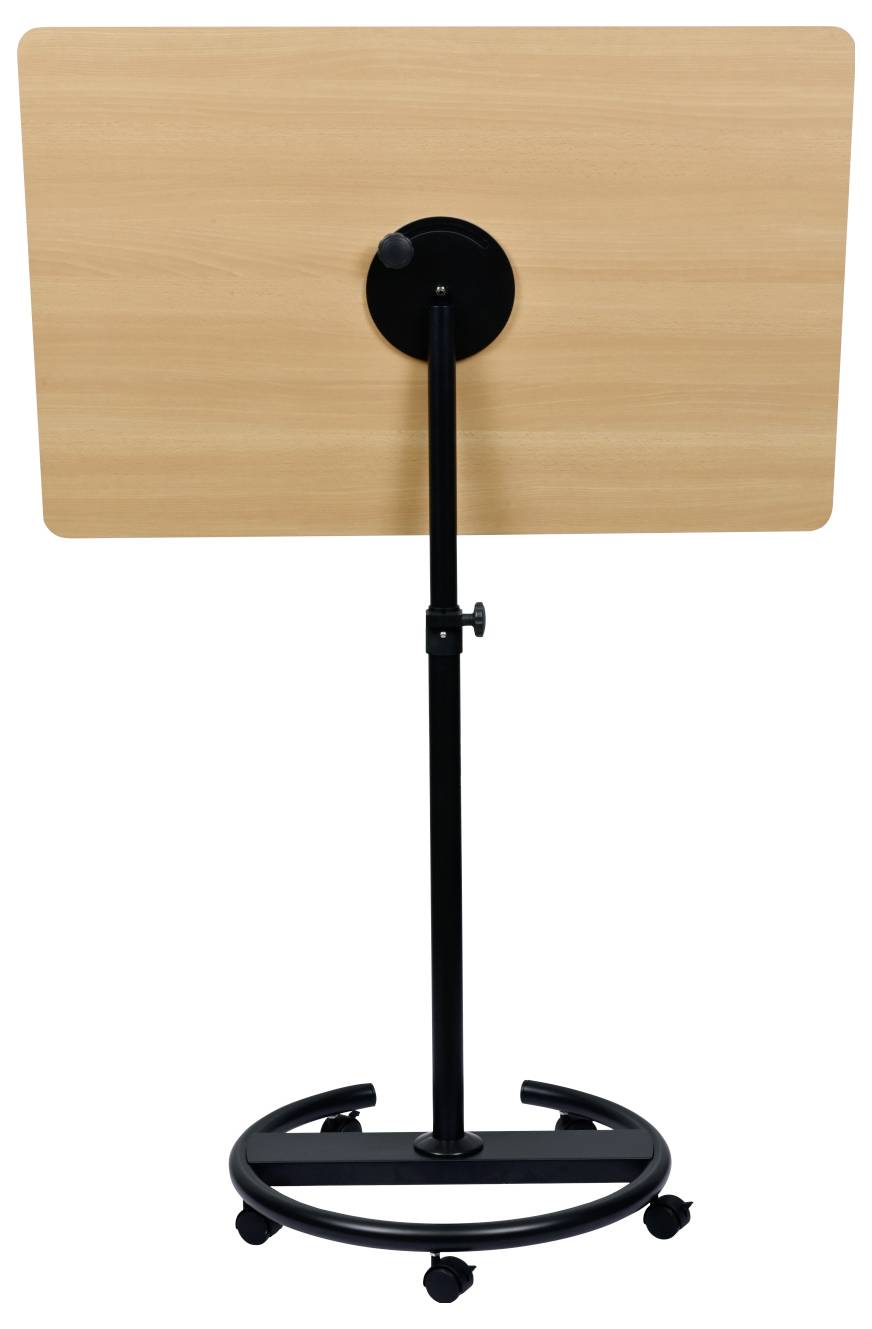 Mobilt träbord på ett justerbart svart stativ med hjul, avsett för presentationer eller föreläsningar.