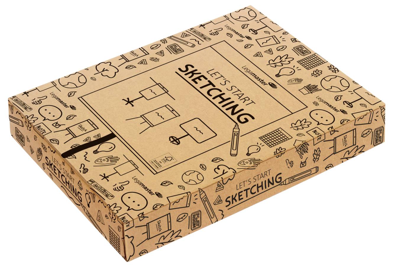 En stängd skisssetslåda med klotter och text 'LÅT OSS BÖRJA SKISSA', prydd med konstnärsmaterial som blyertspennor och skissblock på locket.