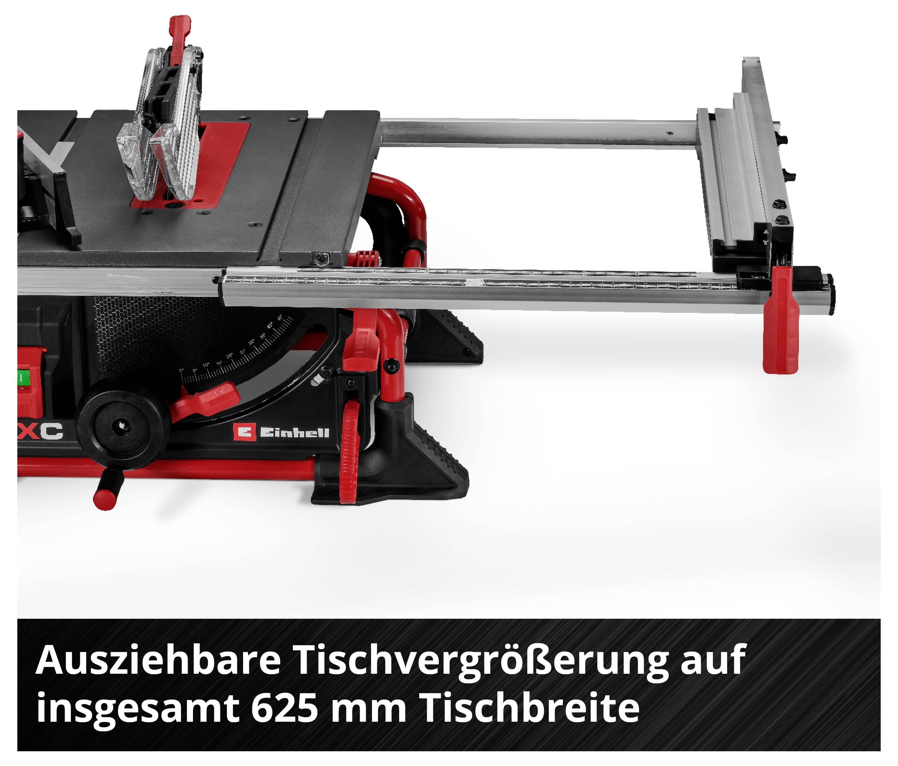 Einhell-märkt bordssåg med utdragbar bordsskiva, som når en total bredd på 625 mm, visad i närbild.
