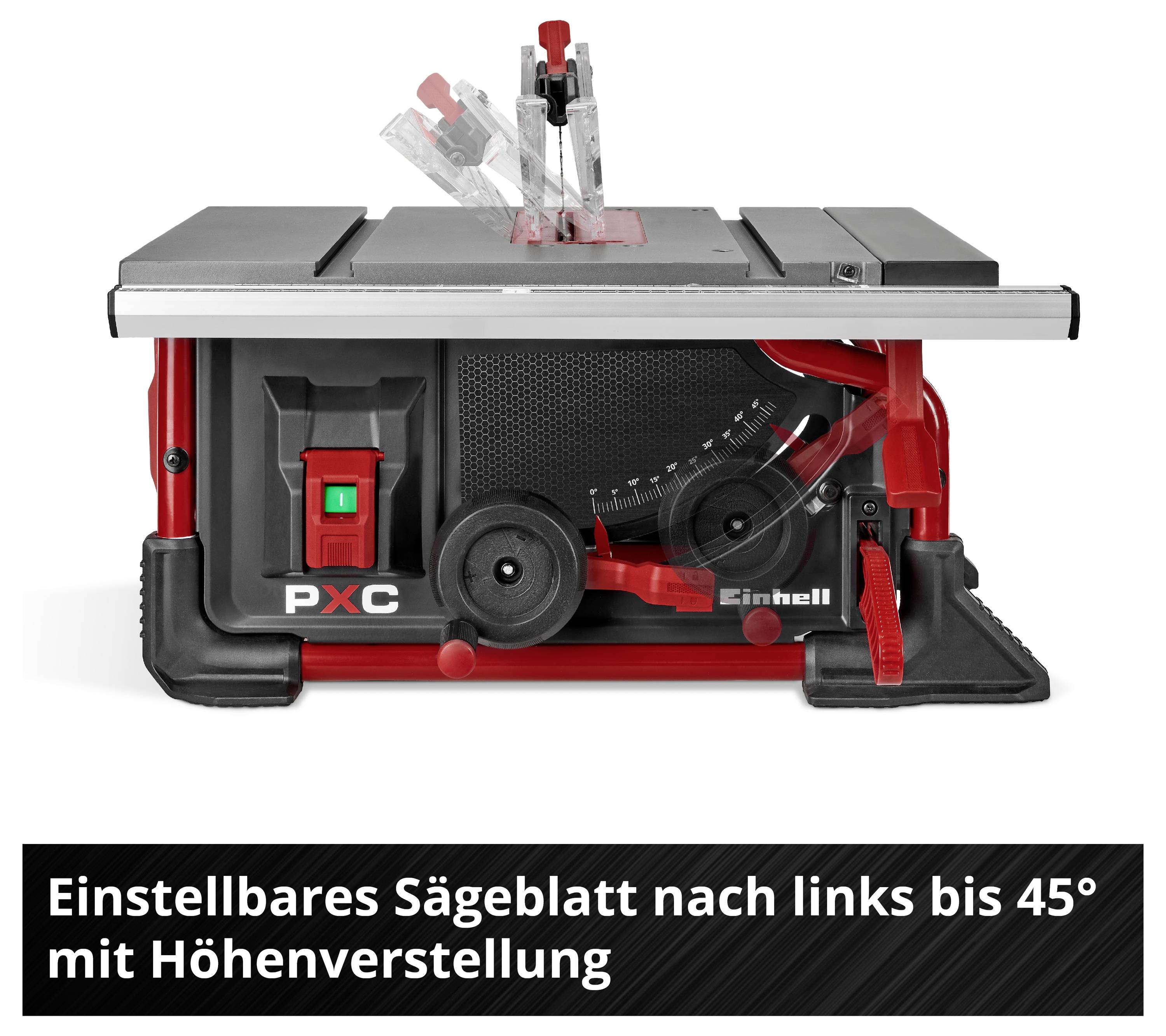 Einhell bordssåg med justerbar 45-graders lutning och höjdjustering, med en röd och svart design.