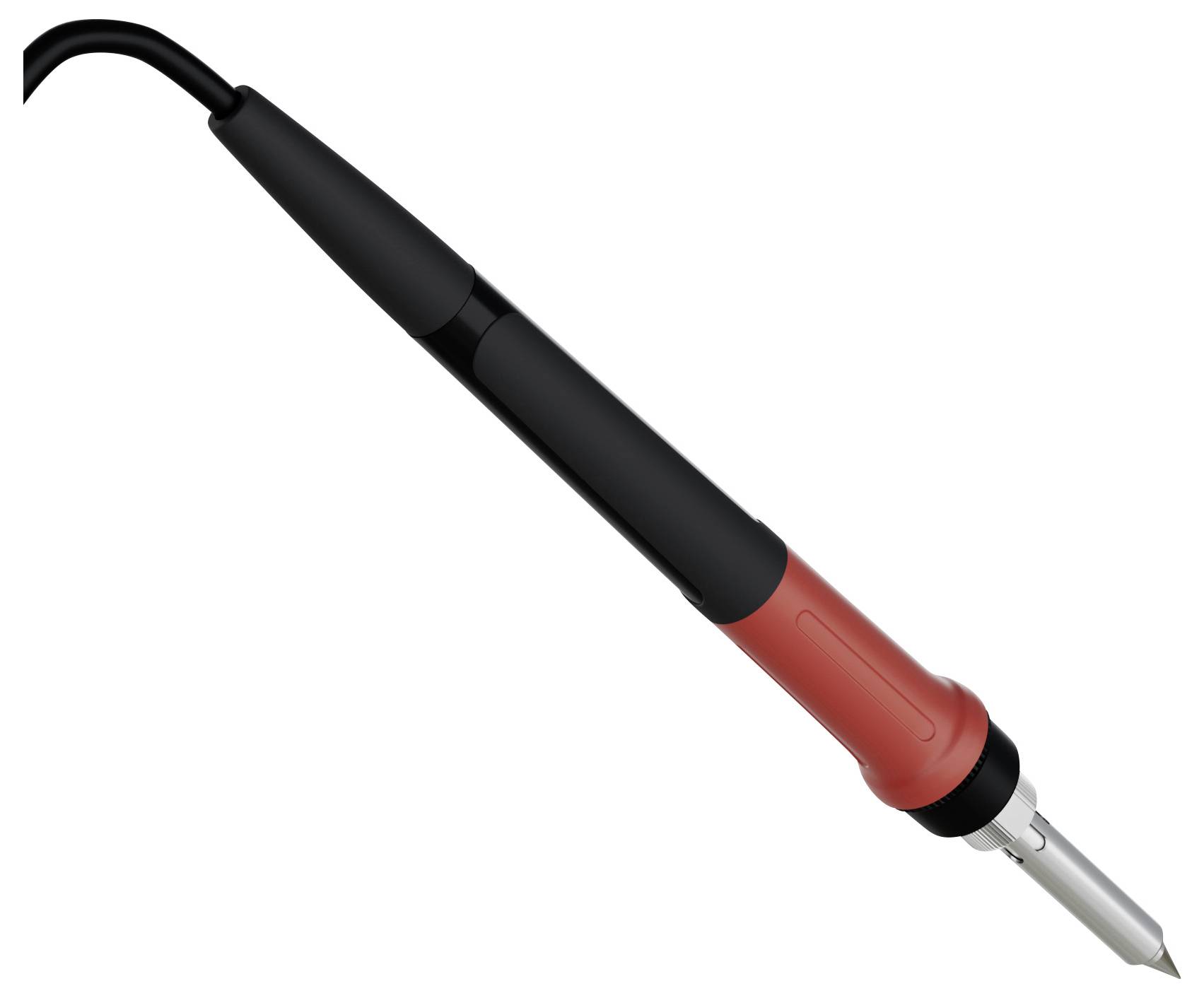 Lödkolv med svart handtag och röd gripdel, utrustad med en metallisk spets, avsedd för elektroniska lödsysslor.