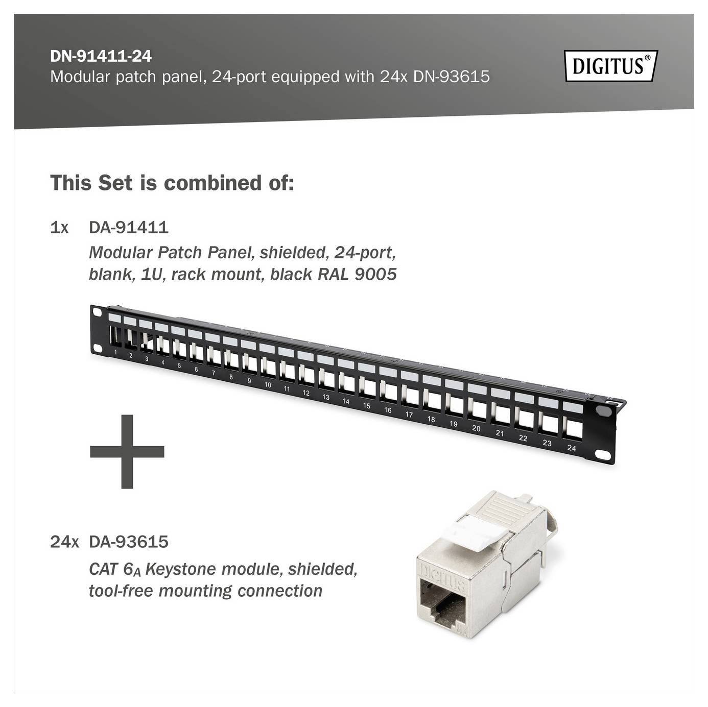 'DN-91411-24 Modulär patchpanel med 24x DN-93615 CAT 6A keystone-moduler. Svart 24-ports panel och vit keystone på vit bakgrund.'