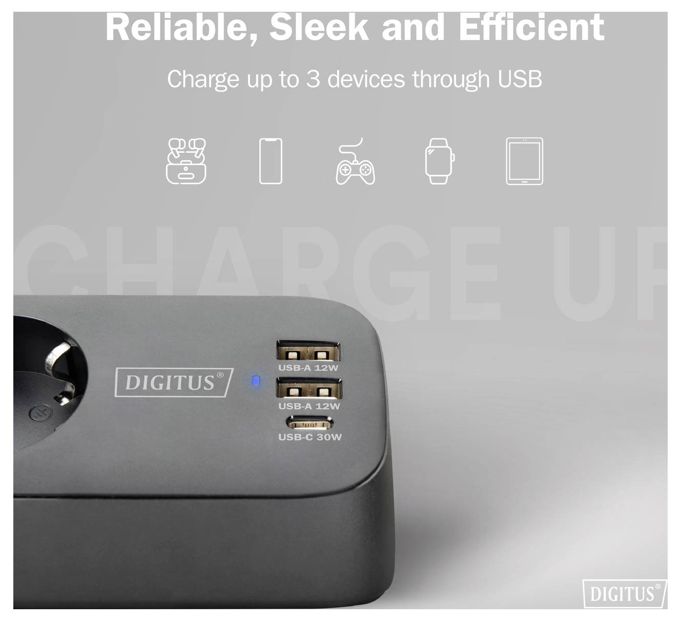 En laddstation med flera USB-portar märkta "USB-A 12W" och "USB-C 30W", vilket visar möjligheten att ladda tre enheter.