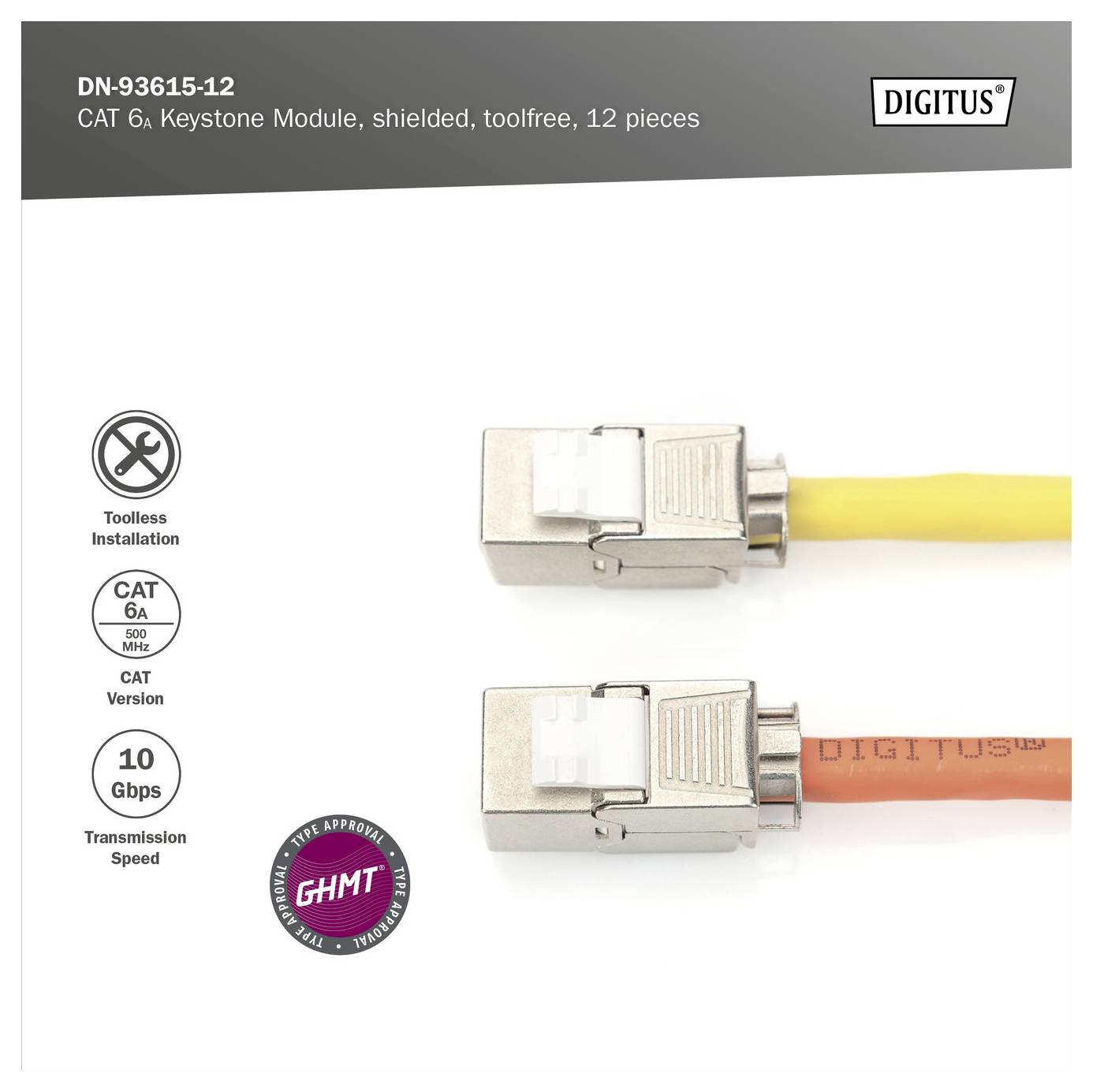 CAT 6A Keystone-modul, skärmad, verktygsfri, 12 delar' bild som visar två kopplingar med gula och orange kablar. Viktiga funktioner inkluderar verktygsfri installation, CAT 6A-version och 10 Gbps överföringshastighet.