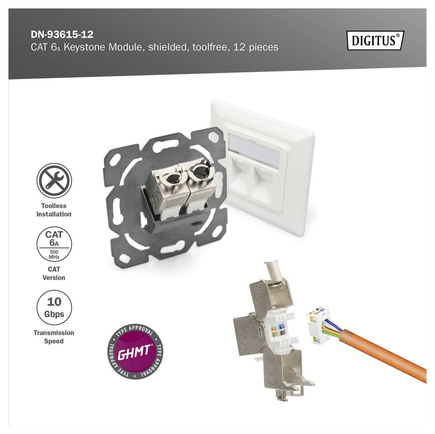 Digitus CAT 6A keystone-modul, skärmad, verktygsfri installation, klassificerad för 10 Gbps. Innehåller 12 stycken.