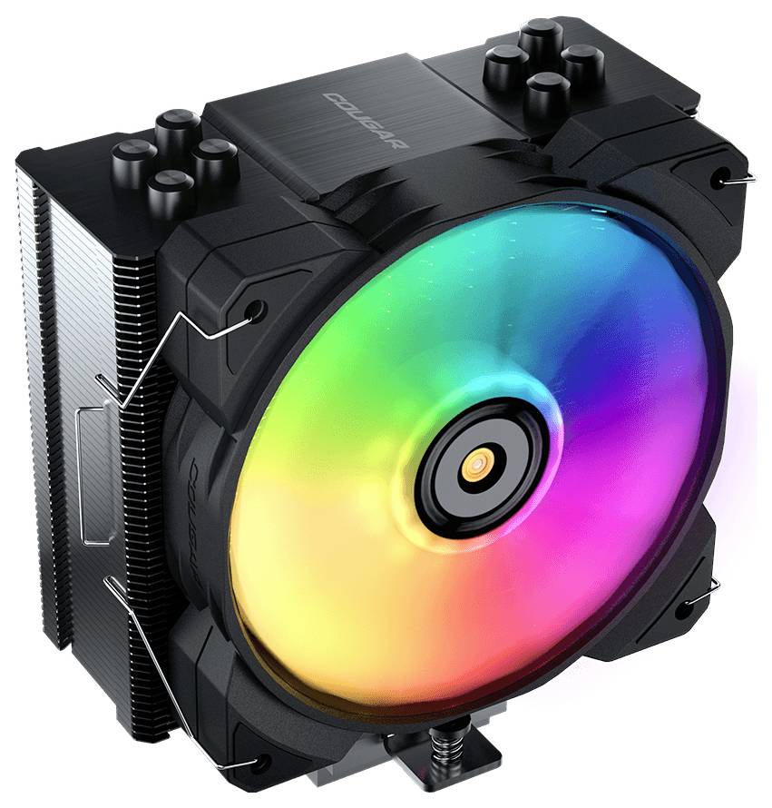 En svart datorkylare för CPU med en stor, flerfärgad RGB-fläkt, omgiven av kilfläns och värmledningsrör, utformad för PC-kylning.