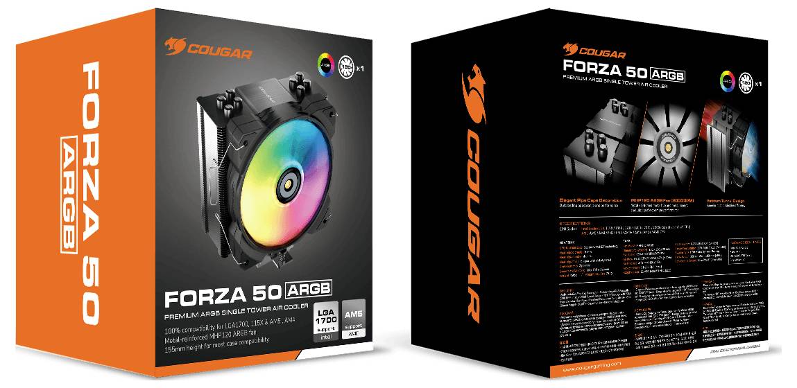 'COUGAR Forza 50 ARGB' CPU-kylare förpackningen visar bilder av produkten med ARGB-fläkt, stödda uttag som LGA och AM4, och produktegenskaper.