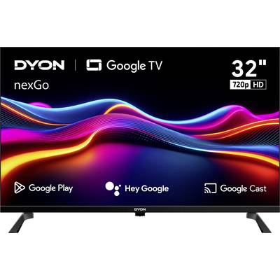 En 32-tums Dyon TV med Google TV-funktioner, 720p HD-upplösning och neonvågiga grafik. Text visar 'Google Play', 'Hey Google' och 'Google Cast'.