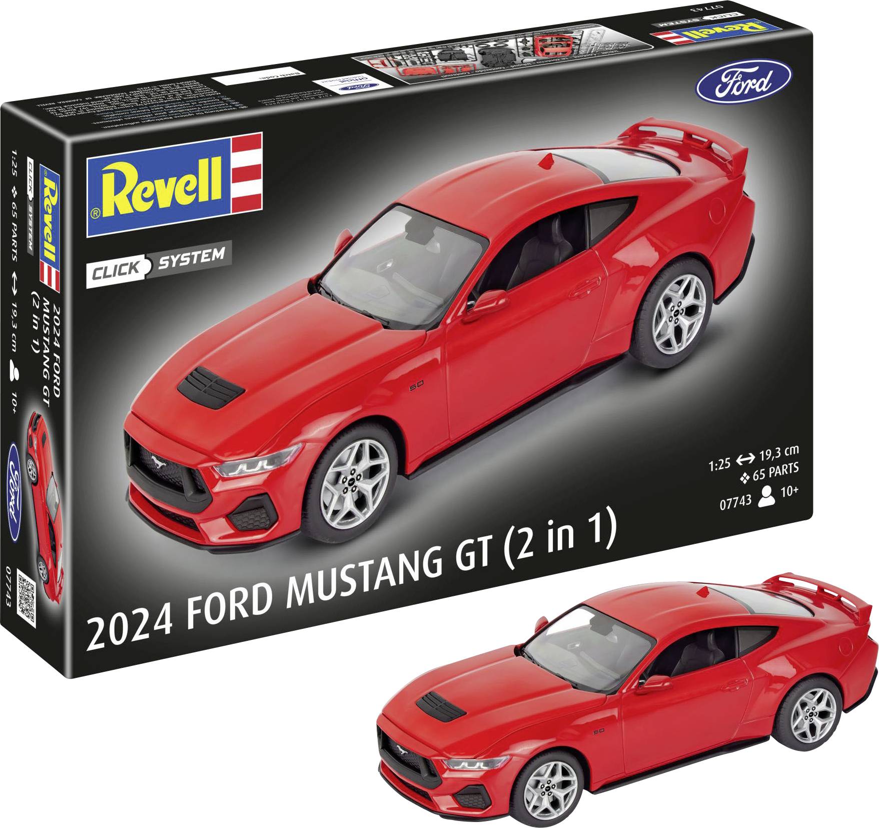 En Ask med en Revell-modellsats för en 2024 Ford Mustang GT i röd färg. Inkluderar en visning av den färdiga modelBilen med detaljer om delar och skala.