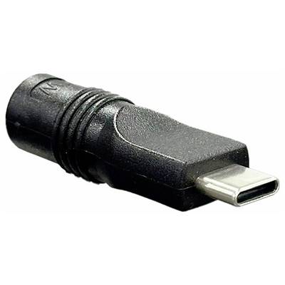 Närbild av en svart USB-C till rund DC-strömadapter, utrustad med ett texturerat grepp nära kontakten, avsedd för laddning av enheter.
