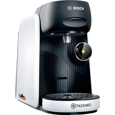 En Bosch Tassimo enportskaffebryggare med en snygg svart och vit design. Framsidan har Bosch-logotypen och kaffepodsdispensern.