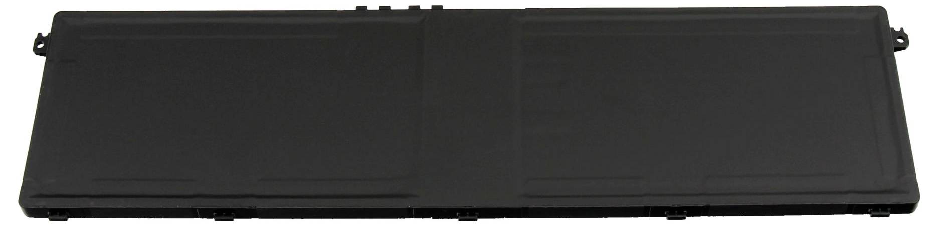 Ett svart rektangulärt laptopbatteri med anslutningar längs de övre och sidliga kanterna.