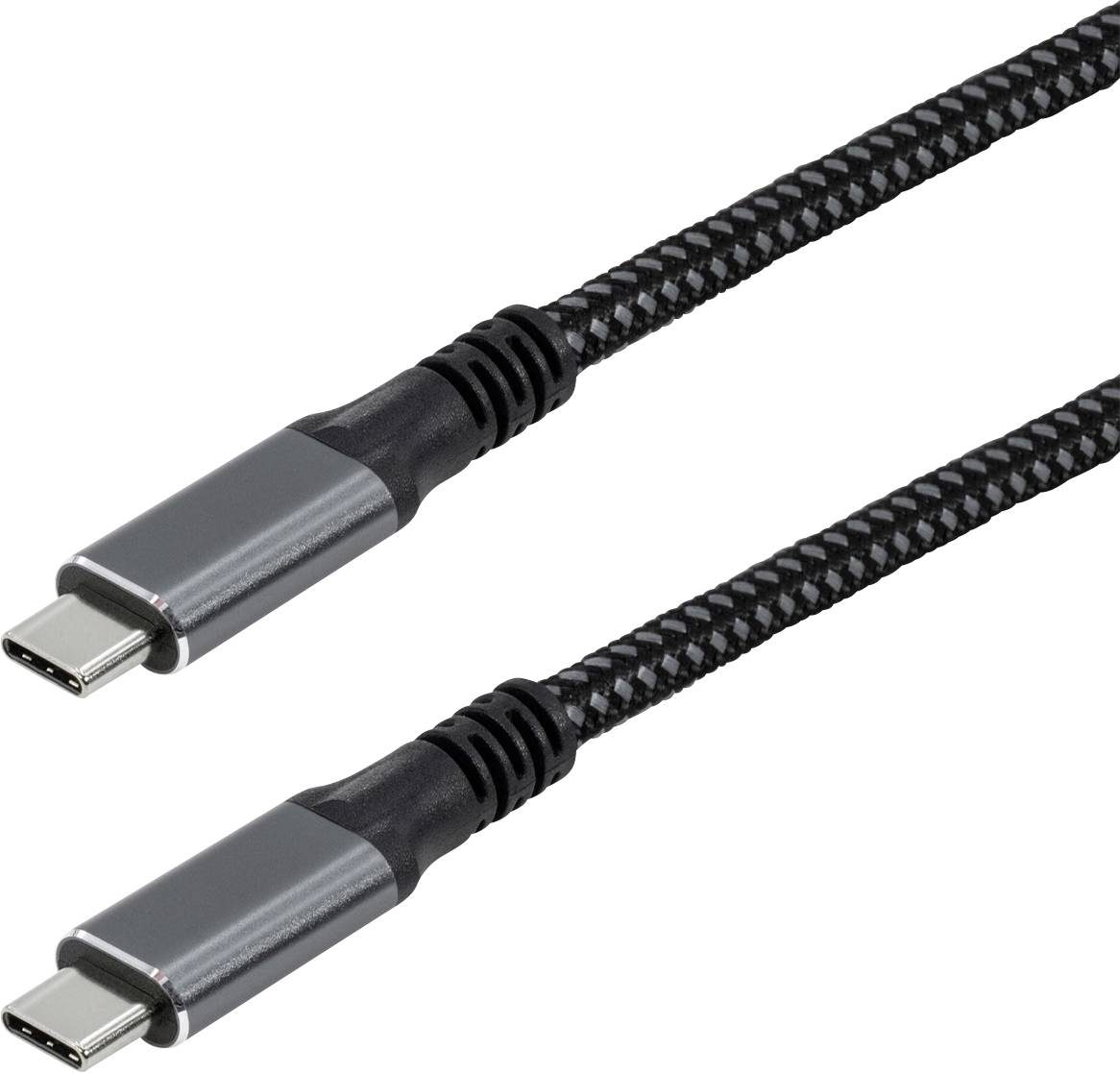 En svart flätad USB-C till USB-C-kabel med metallkontakter i båda ändar, avsedd för laddning och dataöverföring.
