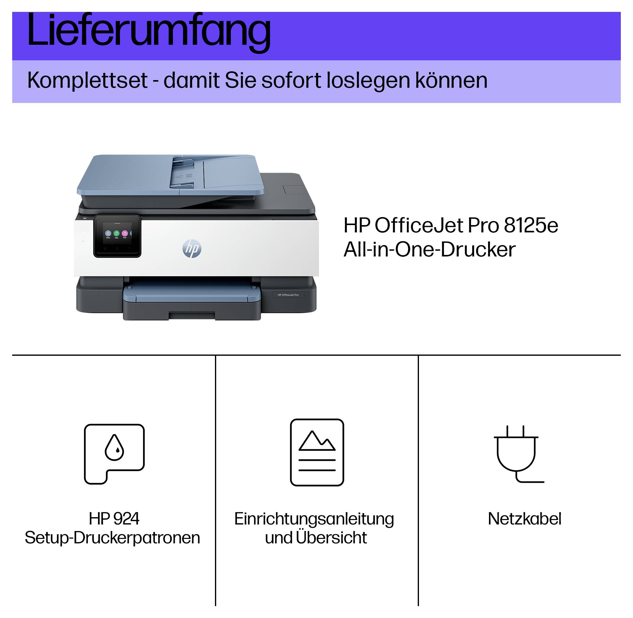 Bilden visar 'HP OfficeJet Pro 8125e allt-i-ett-skrivare' med ikoner som anger 'HP 924 installationspatroner,' 'Installationsguide' och 'Strömsladd.'