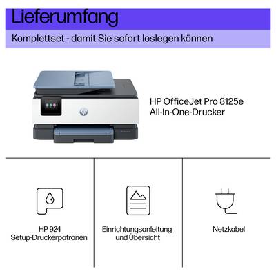Bilden visar 'HP OfficeJet Pro 8125e allt-i-ett-skrivare' med ikoner som anger 'HP 924 installationspatroner,' 'Installationsguide' och 'Strömsladd.'