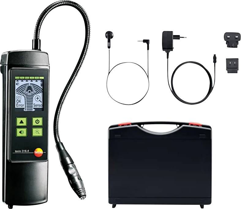 Gasläckagedetector med flexibel sond, laddare, adaptrar och bärväska. Enhetens skärm visar statusikoner, knappar är synliga.