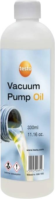 Flaska med 'testo Vacuum Pump Oil', 330 ml, 11,16 uns. Etiketten visar olja som hälls från en burk.