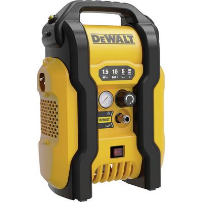 En gul DeWalt-kompressor med svarta detaljer, som visar "1,5 HP", "10 BAR" och "5 L". Den har en tryckmätare och en reglerknopp.