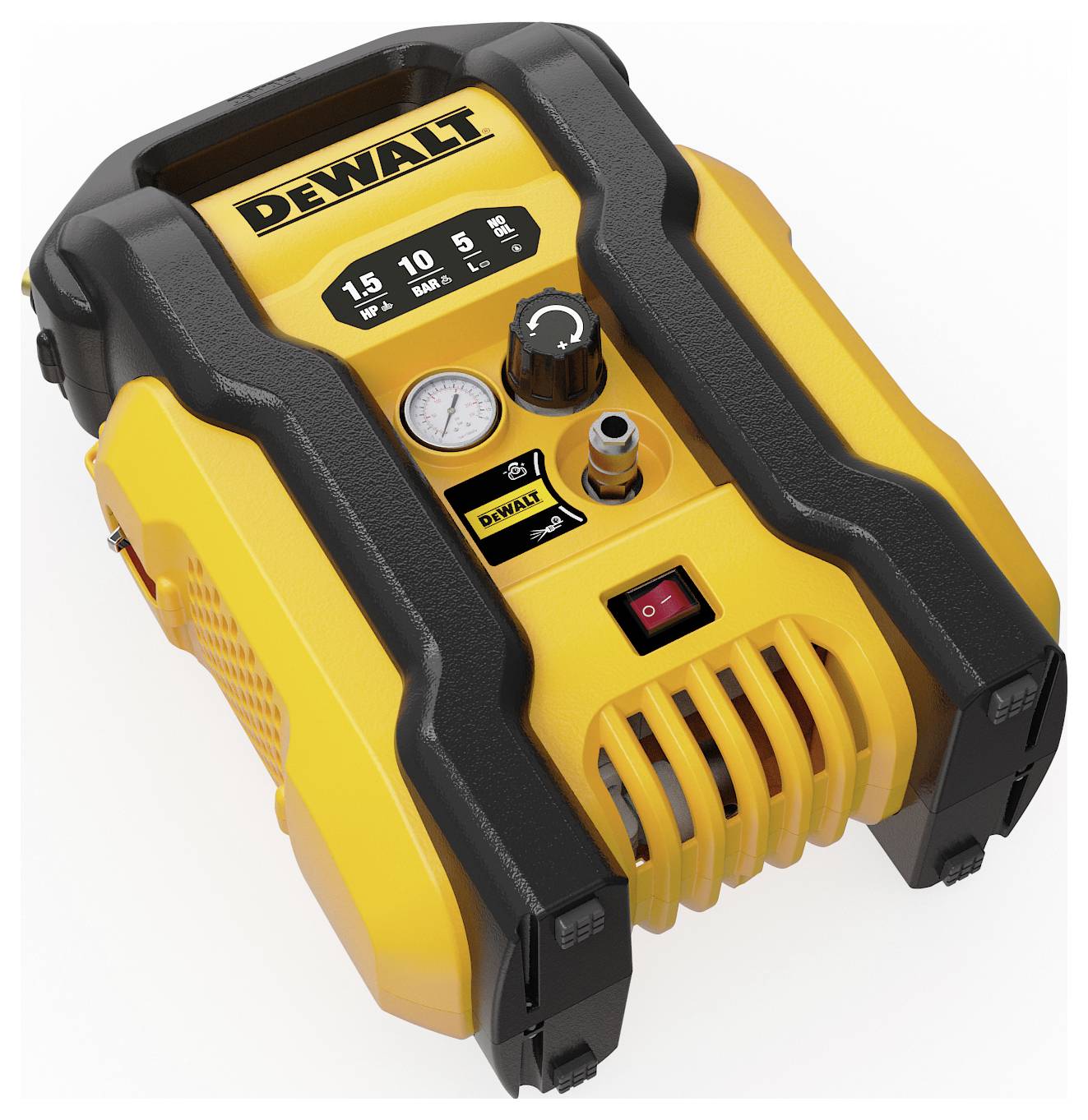 En gul och svart bärbar luftkompressor med mätare och kontroller på toppen, märkt "DeWalt", visar tryckinställningar.