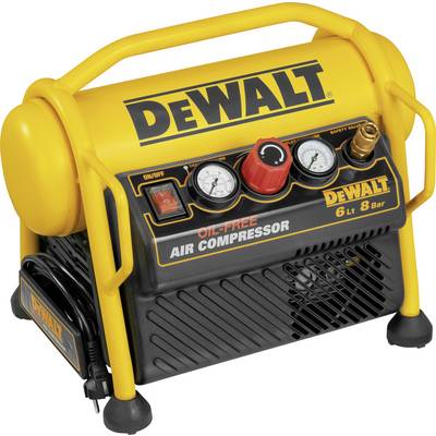 Gul DeWalt oljefri luftkompressor, 6 liters kapacitet, 8 bar tryck. Inkluderar mätare och kontroller på frontpanelen.