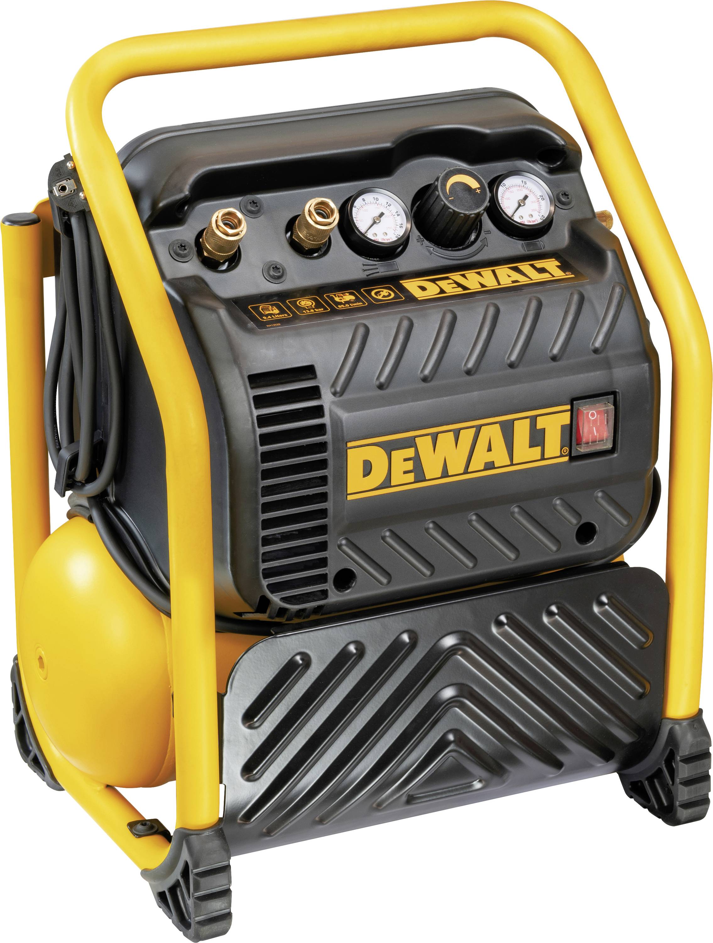 En bärbar luftkompressor med svart och gul design, utrustad med två tryckmätare, kopparkontakter och en "DEWALT"-logotyp.