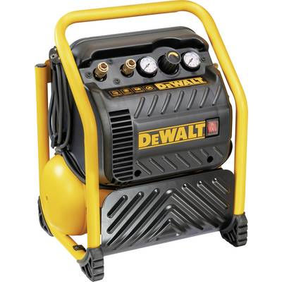 En bärbar luftkompressor med svart och gul design, utrustad med två tryckmätare, kopparkontakter och en "DEWALT"-logotyp.