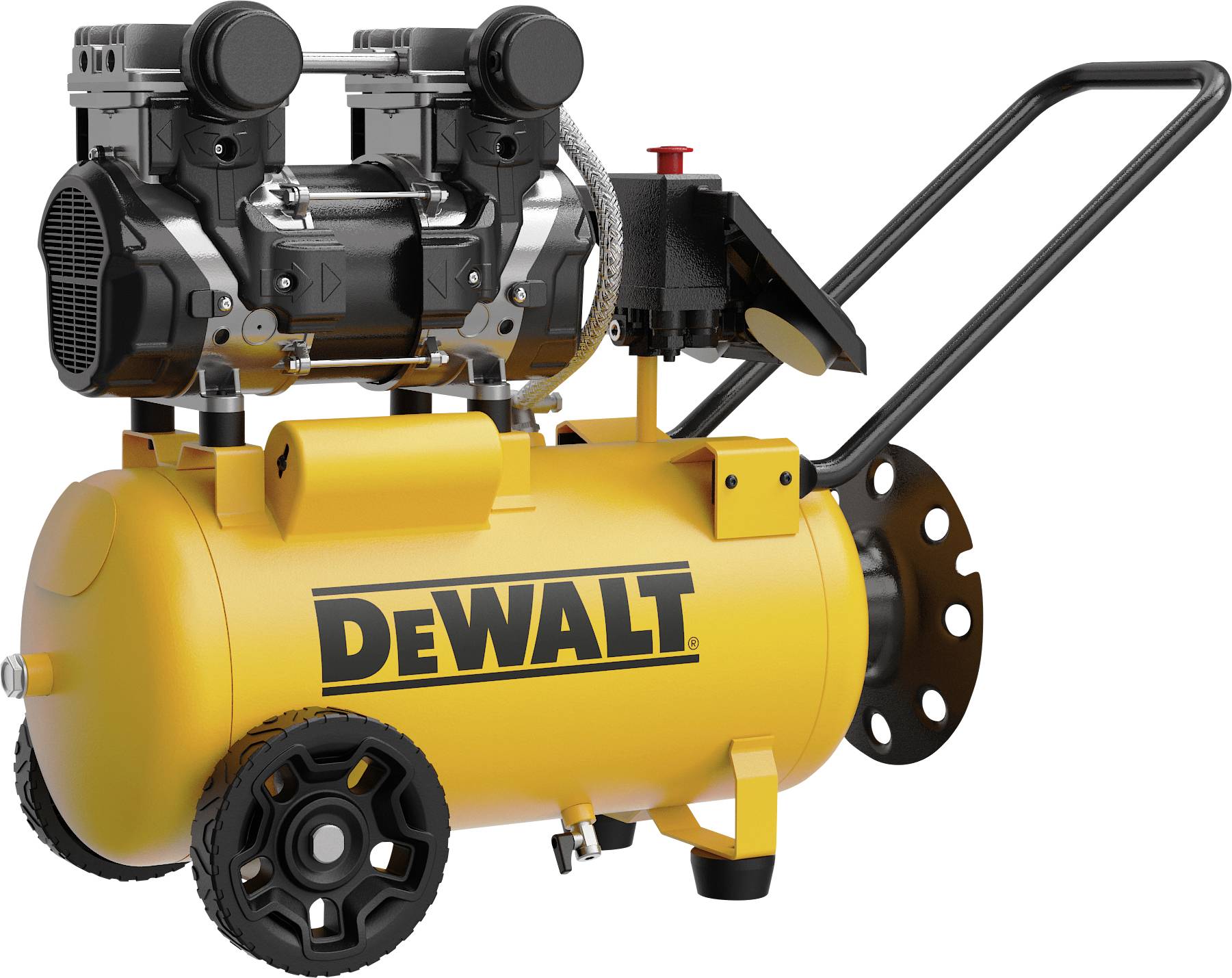En glansande gul luftkompressor med DeWalt-logotypen, utrustad med en svart motor och handtag, är utformad för portabel användning.