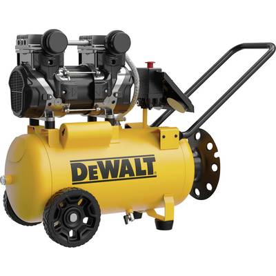 En glansande gul luftkompressor med DeWalt-logotypen, utrustad med en svart motor och handtag, är utformad för portabel användning.