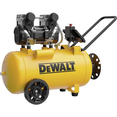 En gul bärbar luftkompressor med stora svarta hjul och "Dewalt"-märkning, utrustad med en tryckreglator och strömbrytare på toppen.