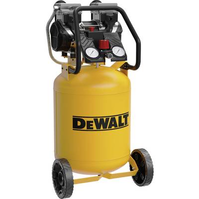 En gul DEWALT luftkompressor med hjul och två tryckmätare på toppen, designad för portabilitet och effektivitet vid olika arbetsuppgifter.