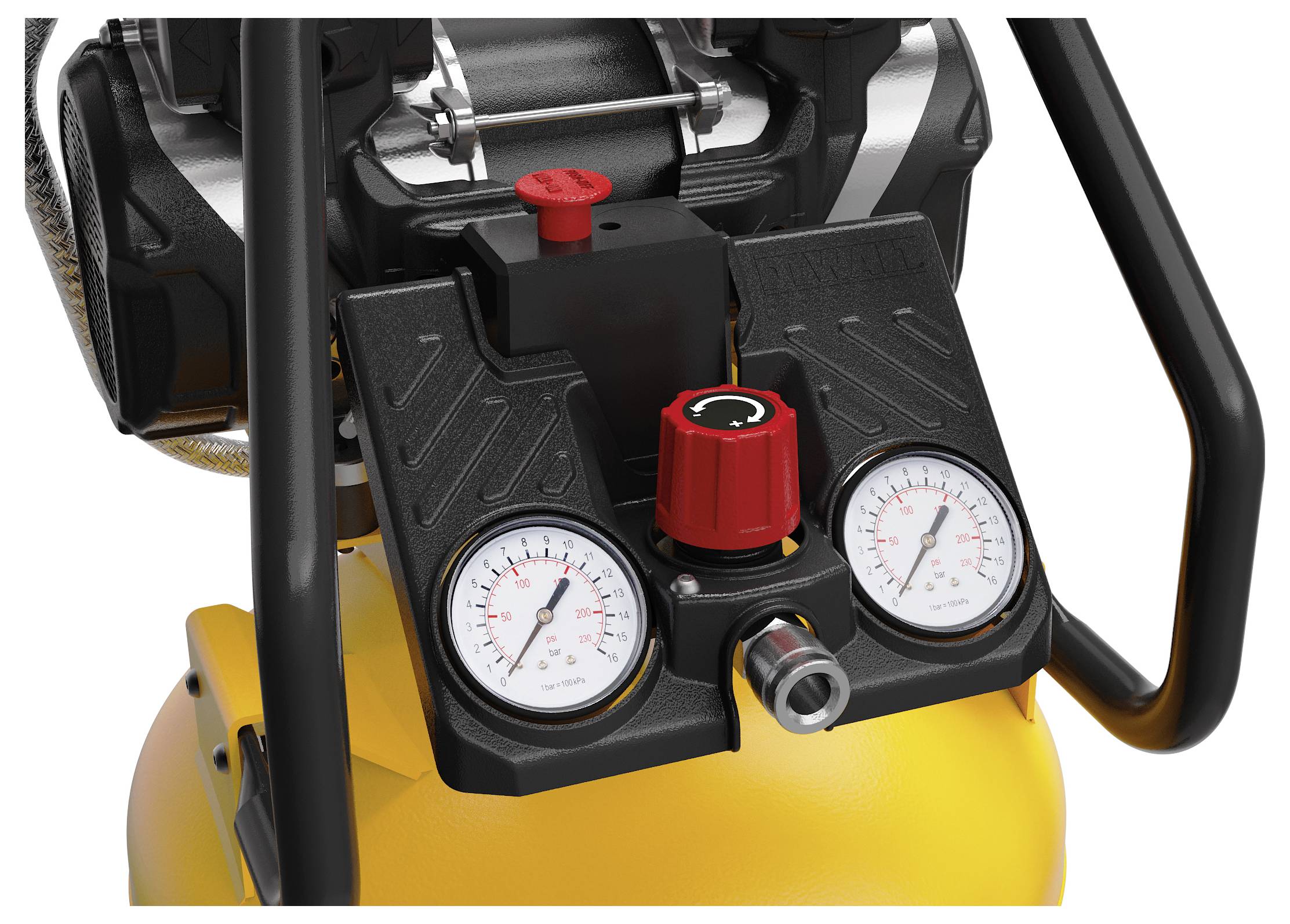 'Närbild av en luftkompressors kontrollpanel med en röd knapp och två tryckmanometrar som visar mätningar.'