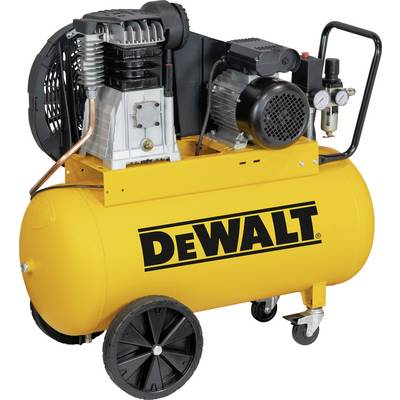 En gul luftkompressor med ett svart handtag och hjul, med DEWALT-logotypen framträdande på tanken.