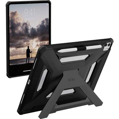 Ett svart surfplattefodral med ett stativ och ett fack för en stylus, som stöder en surfplatta som visar en person som fiskar vid soluppgången på en strand.