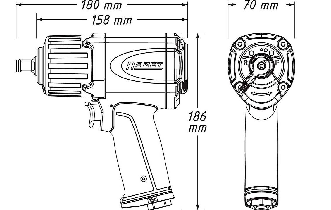 'Teknisk ritning av ett Hazet-verktyg som visar sido- och bakvy med dimensioner: 186 mm höjd, 180 mm bredd, 158 mm, 70 mm djup.'