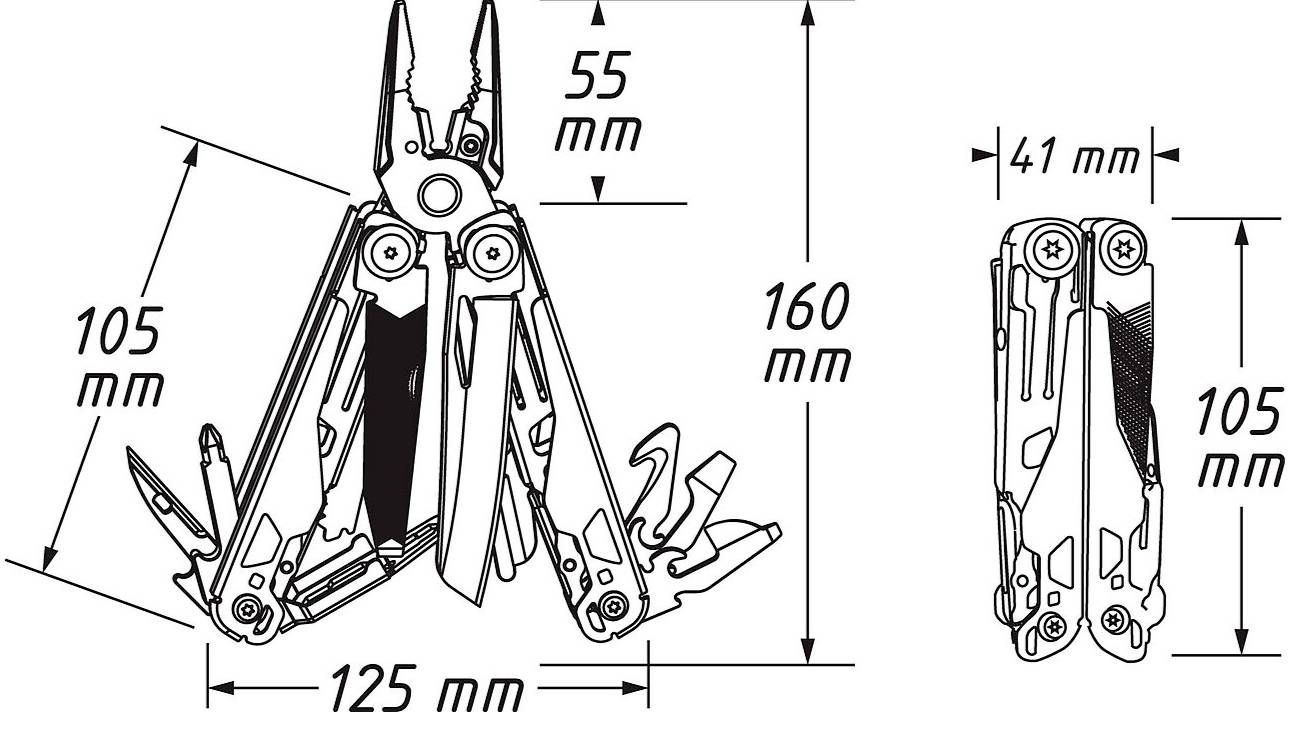 En multitoolillustration med öppna och stängda vyer. Öppen: 160 mm hög, 125 mm bred. Stängd: 105 mm hög, 41 mm bred. Olika verktyg visas.