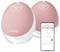Bröstpump med mobilappstyrning; rosa och vit design, visar digital display och appgränssnitt som framhäver olika inställningar.
