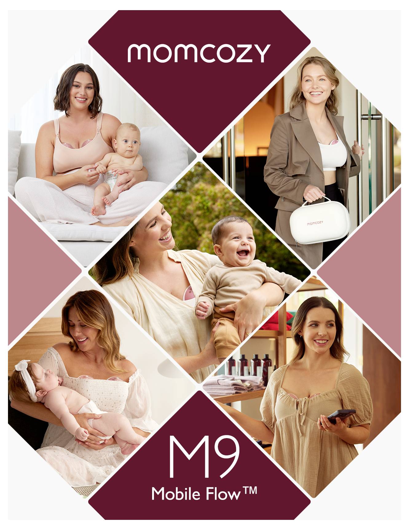 'Momcozy M9 Mobile Flow' reklambilden med fyra kvinnor i olika miljöer med spädbarn, som belyser bekvämlighet och rörlighet.