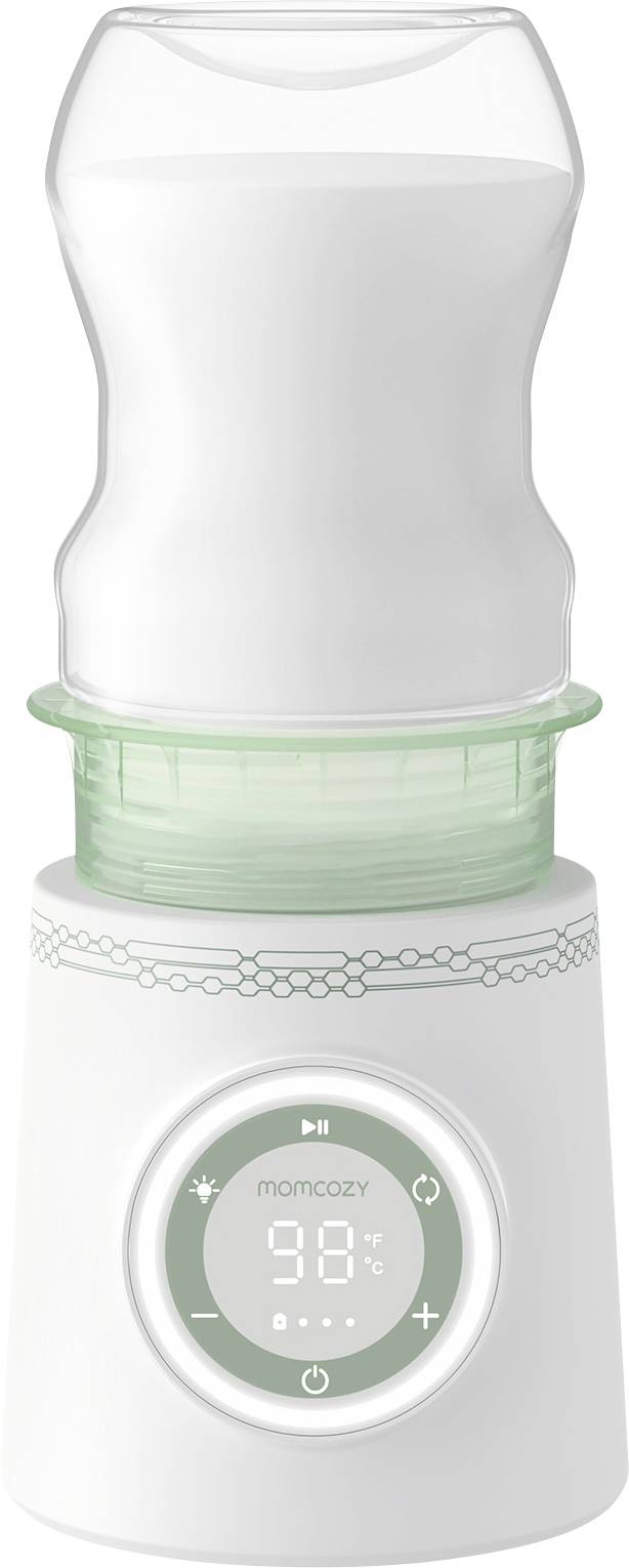 En babymatsuppvärmare med en digital display och temperaturinställningsvred, som visar en inställd temperatur på 98 grader Fahrenheit.